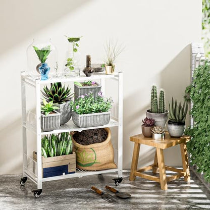 Folding Storage Shelves No Assembly, 3 Tier Foldable Shelves with Wheels, Collapsible Rolling Storage Rack for Pantry Laundry Room Small Spaces, White - color: White/3-tier