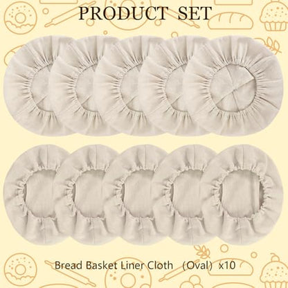 10 PC Bread Proofing Cloth Covers – 5 Oval 10" & 5 Round 9" Reusable Banneton Liners – Sourdough Basket Fabric Covers for Dough Fermentation – Natural Unbleached Cotton – Fits Most Proofing Baskets