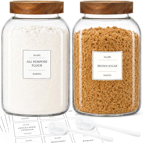 CONNOO 2PCS Flour Sugar Storage Containers Large Glass Food Storage Jars with Airtight Acacia Wood Lids Including 120 Labels Easy-Scooping Design for Flour Sugar Rice and Dry Foods (1 Gallon 135 oz) - color: cylindrical/135oz/2pcs