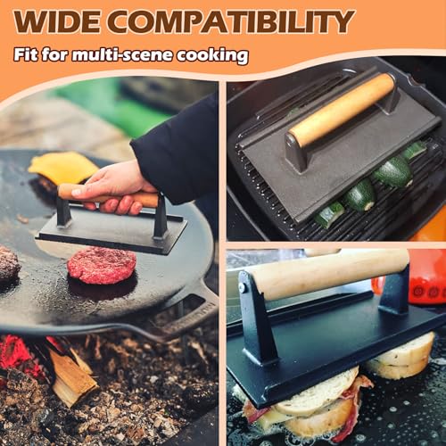 14 Inch Rectangular Melting Dome & Grill Press Kit for Blackstone Accessories, Stainless Steel Cheese Basting Cover and Cast Iron Bacon Burger Press for Flat Top Griddle Grill - size: 14" x 9"