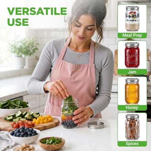 NutriChef 2-Pack 16 oz Mason Jars with Lids - Thick Glass Canning Jars with Stainless Steel Lids - Ideal for DIY Spices, Meal Prep, Overnight Oats, Jelly, Jam, Honey, Candles, Crafts, & More - style: 2 Pack