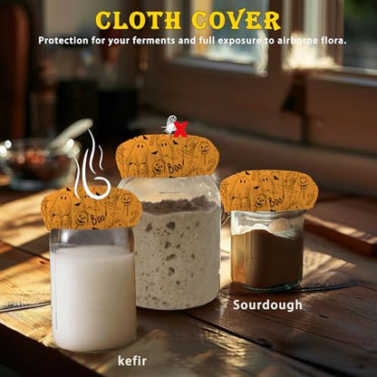 Halloween Pumpkin 5-Pack Cloth Covers for Sourdough Starter Jar, Cloth Covers Reusable Lid Top Cover Sourdough Proofing Bread Fermentation Baking Supplies for 3-4 Inch Jar Mouth - color: Halloween Pumpkin