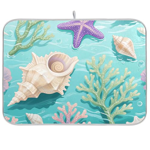 Coral Sea Shells Stars Pattern Dish Drying Mat for Kitchen Counter Super Absorbent Drying Mat 18x24 inch Large Dish Drying Matts for Countertop Protector Dishes Pad - color: Coral Sea Shells Stars Pattern, size: 18" x 24"
