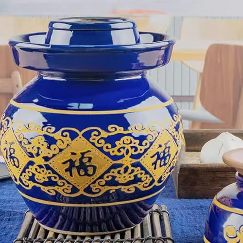 Blue Traditional Chinese Porcelain Pickle Jar,Ceramic Fermentation Crock Pickling Pot,Ceramic Fermenting Jar with Water Seal Airlock Lid Stoneware Fermenter 6kg*1