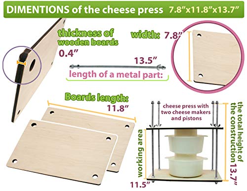 PetriStor Wooden Cheese Press for Cheese Making Supplies 12in Metal Guides 13in and 2 Cheese Mold with Follower Piston 1.3Qt - large Home Supply Ultimate Cheese Press Machine - Prensa Para Queso