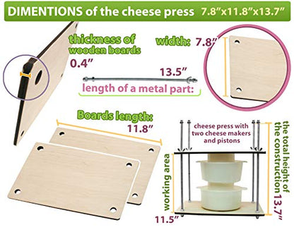 PetriStor Wooden Cheese Press for Cheese Making Supplies 12in Metal Guides 13in and 2 Cheese Mold with Follower Piston 1.3Qt - large Home Supply Ultimate Cheese Press Machine - Prensa Para Queso