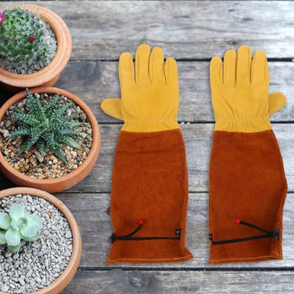 Long Leather Gardening Gloves for Women, L Size, Gold Sheepskin Palm with Brown Cowhide Sleeve, Thorn-resistant Protective Work Gloves for Yard and Outdoor Use
