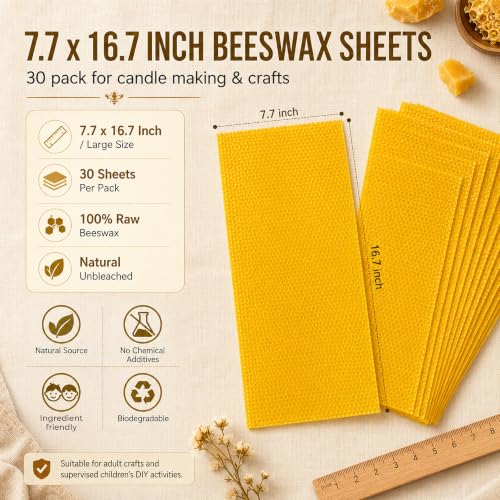 HOMNATURE Pure Beeswax Sheets 30 Pack for Candle Making, Honeycomb Wax Sheets 7.7 x 16.7 in, Natural Yellow Bee Wax Paper for DIY Candles, Beehive Wax Foundation for Crafts & Molds