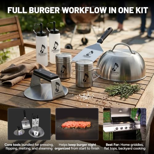 Sasquash Burger Press Kit, 5 Piece Smash Burger Set, Smash Burger Press, Spatula, Melting Dome and 2 Squirt Bottles for Griddle and Grill, Stainless Steel, Kitchen Gadgets, Grilling Accessories - size: Combo
