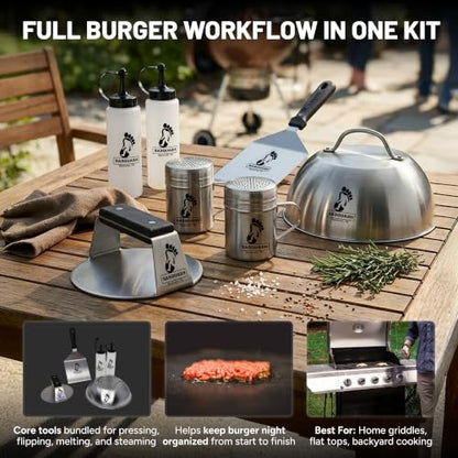 Sasquash Burger Press Kit, 5 Piece Smash Burger Set, Smash Burger Press, Spatula, Melting Dome and 2 Squirt Bottles for Griddle and Grill, Stainless Steel, Kitchen Gadgets, Grilling Accessories - size: Combo