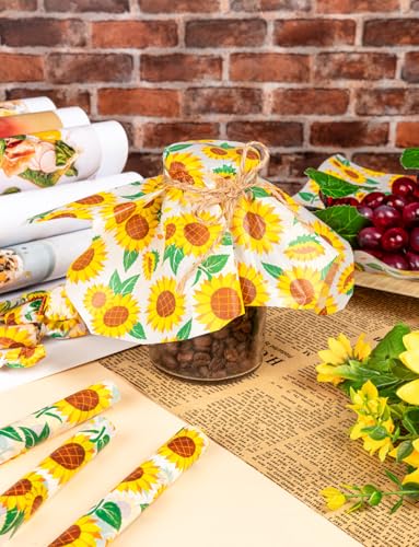 200 Pcs Sunflower Wax Paper Sheets for Food, Wax Paper for Food Sandwich Wrap Paper Deli Wraps, Waterproof Oil-proof Picnic Basket Liners with Sunflower Pattern for Kitchen Handmade Food, LARGE