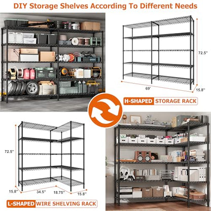 REIBII 1600LBS Heavy Duty Storage Shelves 5-Tier Extra-Wide Metal Shelving 69.8" W x 72.4" H Capacity Garage Shelving Unit Adjustable Wire Shelving for Kitchen Garage Pantry Basement - style: Black-15.8"Dx69.8"Wx72.4"H-5 Tier
