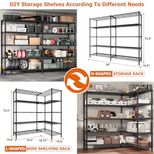 REIBII 1600LBS Heavy Duty Storage Shelves 5-Tier Extra-Wide Metal Shelving 69.8" W x 72.4" H Capacity Garage Shelving Unit Adjustable Wire Shelving for Kitchen Garage Pantry Basement - style: Black-15.8"Dx69.8"Wx72.4"H-5 Tier
