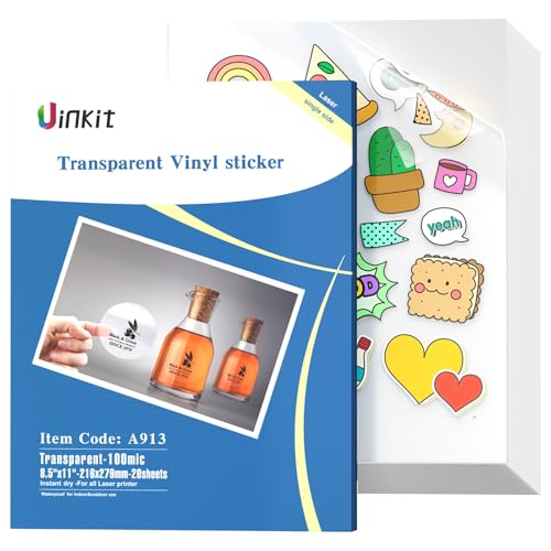 Uinkit Inkjet PET Label Paper A4 (8.5 x 11 Inch), Matte White/Clear/Bright White Finishes, 15-200 Sheet Packs (20, 100% Clear) - color: 100%Clear
