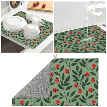 Red Ladybugs Green Leaves Dish Drying Mats for Kitchen Counter, Super Absorbent Microfiber Drainer Pad, Washable Reversible Appliance Protector, Everyday Kitchen Must-Have, 16x18 Inch - color: Red Ladybugs Green Leaves