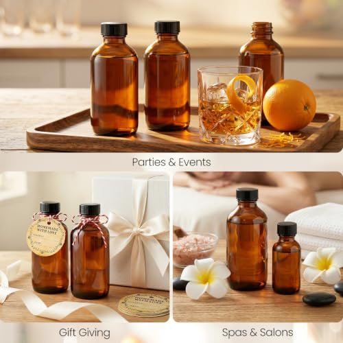 TBWIND 54 Pack 4oz Amber Glass Boston Round Bottles with Airtight Caps | Refillable Glass Bottles for Vanilla Extract, Homemade Liquids, Syrups, Oils & DIY Crafting with Droppers, Labels & Funnels - size: 4oz