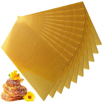 Beeswax Sheets 10Pcs 16.5x7.7in Natural Wax Foundation for Bee Frames Yellow Beeswax for Candle Making, Bee Hive Frames Beekeeping Supplies