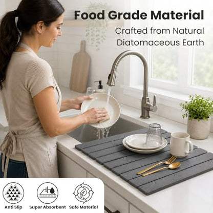 Stone Dish Drying Mat for Kitchen Counter, Large Quick Dry Diatomaceous Earth Stone Drying Mat, Foldable Water Absorbent Dish Drying Mat for Dishes, Cups, Bottles, Kitchen Sink & Countertop (Grey) - color: Gray