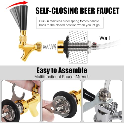 Draft Beer Shank Faucet Kit, 3Ft Beer Faucet Shank Self-Closing Golden Beer Tap Faucet, Kegerator Parts Wrench Barb Connector Tap Brush for Homebrew
