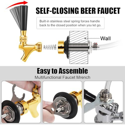 Draft Beer Shank Faucet Kit, 3Ft Beer Faucet Shank Self-Closing Golden Beer Tap Faucet, Kegerator Parts Wrench Barb Connector Tap Brush for Homebrew