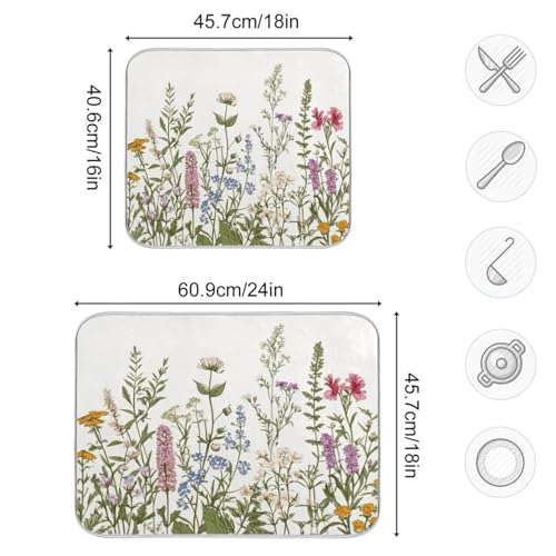 Kcldeci Flower Border Herbs Wild Flowers Plant Dish Drying Mat Kitchen Drying Pad Dish Draining Mat Dish Rack Drainer Pad 18 x 24 - color: Herbs, size: 18x24in
