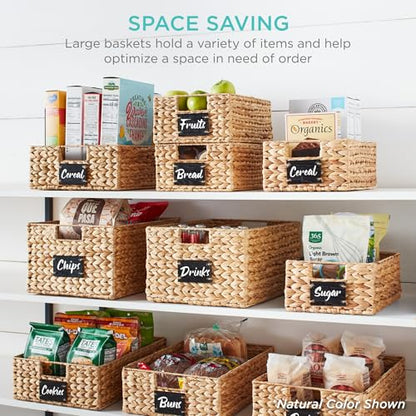 Best Choice Products 40.6x30.5cm(16x12인치) 대형 부레옥잠 식료품 저장실 바구니 4개 세트, 칠판 라벨이 있는 우븐 오거나이저, 분필 마커 - 체스트넛 - color: 밤나무., size: 12x16x5in