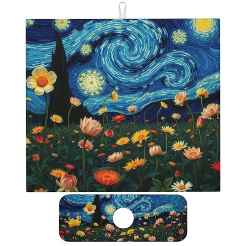 Starry Night Flowers Dish Drying Mat for Kitchen Counter, 16"x18" Microfiber Absorbent Fast Dry Mat, 2Pcs Dish Mat Faucet Mats Sets, Large Drying Kitchen Mat Kitchen Drying Pad - color: Starry Night Flowers, size: 16"X18"