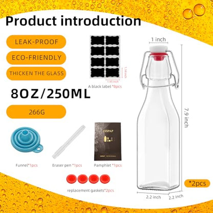 2 Pack 8oz Square Swing Top Glass Bottles, 250ML Bottles with Airtight Stoppers for Kombucha, Kefir, Vanilla Extract, Beer(Bonus Gaskets, Labels and Funnel