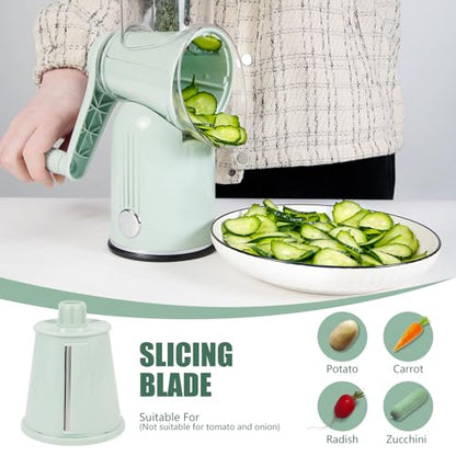 Rotary Cheese Grater with Handle: 5-in-1 Cheese Grater Hand Crank, Strong Suction Base for Fruit Vegetables Nuts with Blade Storage Box (Green) - color: Green