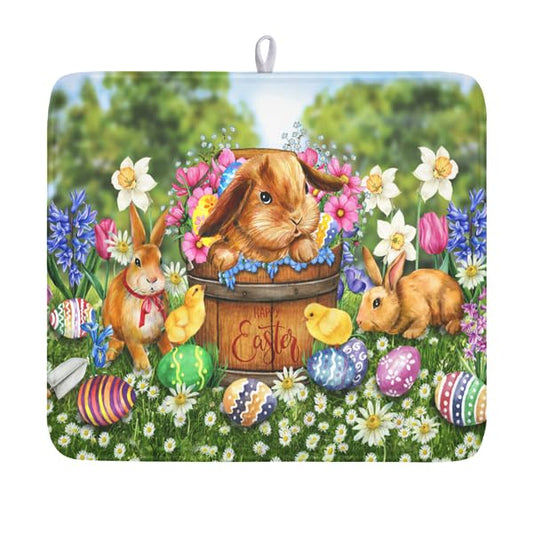 Easter Bunnies Eggs Dish Drying Mat for Kitchen Counter,Spring Colorful Flowers Drying Mat 16 x 18 Inch with High Absorbent Microfiber Drainer Mat for Coffee Bar - color: Bunnies, size: 16" x 18"