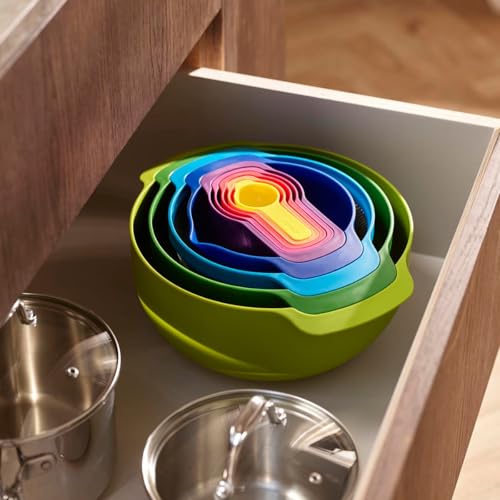 Joseph Joseph Nest 9 Plus, 9 Piece Compact Food Preparation Set with Mixing Bowls, Measuring cups, Sieve and Colander, MultiColor - color: Multicolour, style: Plastic