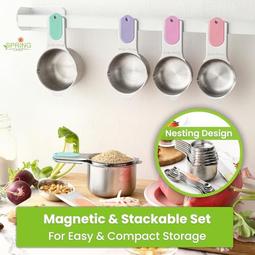 Spring Chef Magnetic Measuring Cups & Spoons Set of 15 - Pastel | Stainless Steel, Patented, BPA Free, Strong Magnets, Heavy Duty - color: Pastel, size: Set of 15