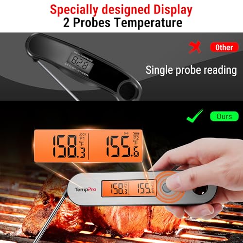 TempPro TP610 Rechargeable Instant Read Meat Thermometer with Foldable Probe & Wired Leave-In Probe, Waterproof Cooking Thermometer with Alarm & Backlit for BBQ Grill Smoker Oven(Previously ThermoPro)