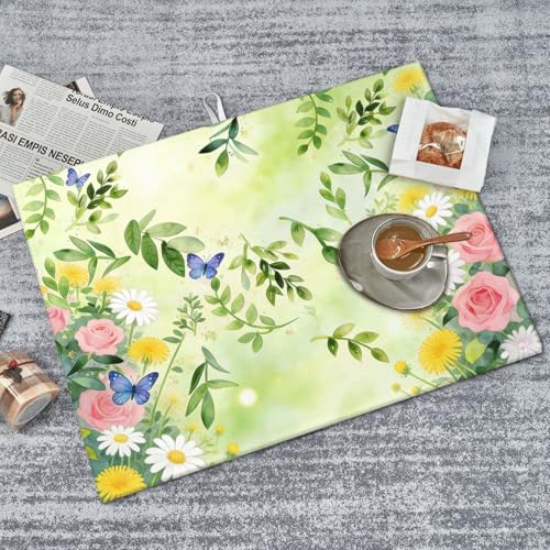 Kitchen Drying Mat for Countertop Fresh Botanical Floral Butterfly Garden Non-Slip Kitchen Counter Mat for Dishes Glassware - color: Light Green