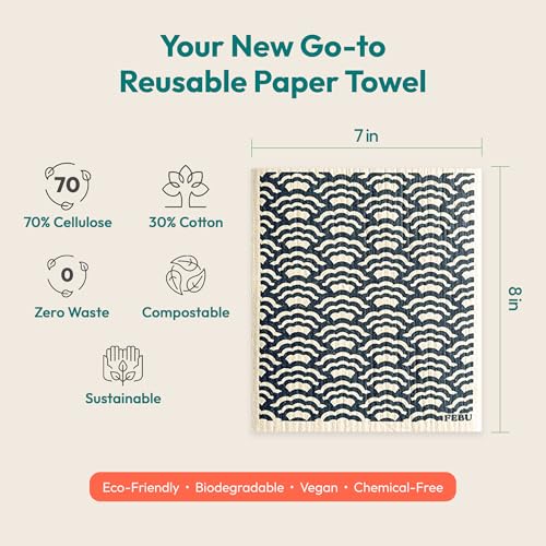 FEBU Swedish Dishcloths for Kitchen | 5 Pack Black Reusable Paper Towels Washable | Swedish Dish Towels | Non-Scratch Cellulose Sponge Cloths | No Odor, Biodegradable Cleaning Cloths - color: Black