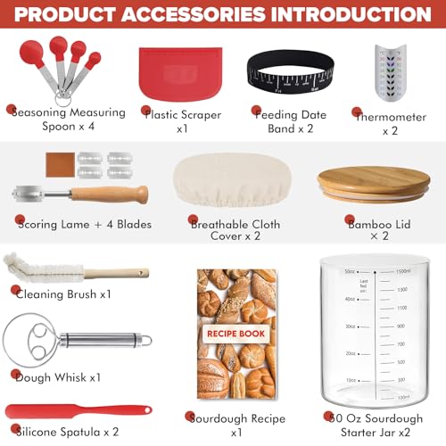 RYTOXILO Sourdough Starter Jar Kit, 50 Oz Glass Large Sour Dough Jars Wide Mouth for Beginners, 10 Pcs Bread Starter Container Set with Bamboo Lid, Sourdough Jar with Bread Baking Supplies Accessories - size: 2 Jars+8 Accessories