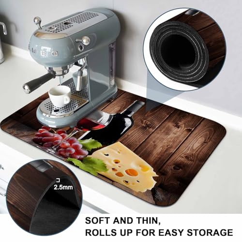 Wine Cheese Dish Drying Mat for Kitchen Counter, Drying Mats Super Absorbent Microfiber Kitchen Countertop Protector Dishes Pad 12"x16", Grapes Farmhouse Brown Wooden Plank - size: 16" x 12"