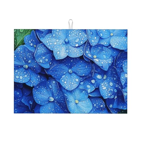 Dish Drying Mat Hydrangeas Flower Blue for Kitchen Counter Absorbent 18x24 Inch Microfiber Dishes Plate Glass Dry Draining Pad Reversible Washable - color: C033, size: 18" x 24"