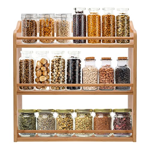 3 Tier Bamboo Spice Rack, Seasoning Jars Rack Shelf Spice Organizer for Kitchen Counter or Wall Mounting - style: Tiered Shelf