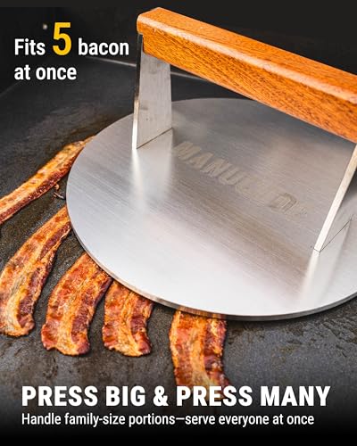 Smash Burger Press, 3.8-Lb Burger Smasher, 9-Inch Bacon Press for Batch Cooking, Stainless Steel, Easy to Clean and Seasoning Free, Heatable for Searing Panini, Steak, Chicken, Fish, Round - size: 9"