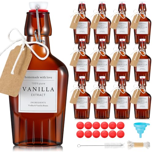 12 Set Swing Top Glass Flask Homemade Vanilla Extract Bottles with Stoppers Stickers Jar Brush Funnel Rope Labels Bottle for Holiday DIY Crafts Christmas Wedding Gifts (Amber,16.6oz) - size: 16.6oz