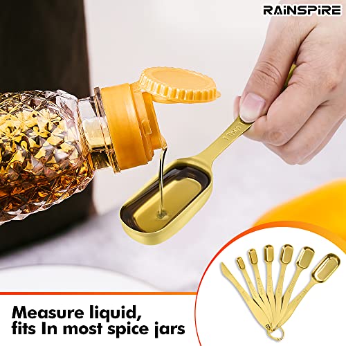 Rainspire Heavy Duty Measuring Spoons Set Stainless Steel, Metal Measuring Cups and Spoons Set for Dry or Liquid, Fits in Spice Jar, Home Gadgets Kitchen Gadgets, Set of 7 Including Leveler, Gold - color: Gold