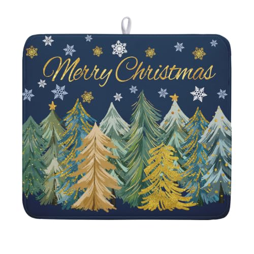 Christmas Tree Dish Drying Mats Absorbent Microfiber Fold 18x16 Inch | Winter Xmas Snowflakes Drying Mat, Rustic Printed in Dish Drainer Mats Rack Pad for Coffee Countertop Kitchen Protector - color: Blue, size: 18" x 16"