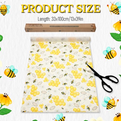 Reusable Beeswax Wraps Roll 13 x 39 Inch, Organic Eco-Friendly Sustainable Beeswax Food Wraps, Food Storage Wraps Beeswax Paper Cloth for Sandwich, Cheese, Fruit, Bread, Snacks - color: Bees