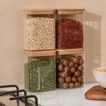 D2scrma 37oz Rectangle Airtight Glass Storage Containers with Bamboo Lids (Set of 6), Square Food Storage Jar, Pantry Organizers for Cereal, Nuts, Snacks and Coffee beans (‎with Black Lable)