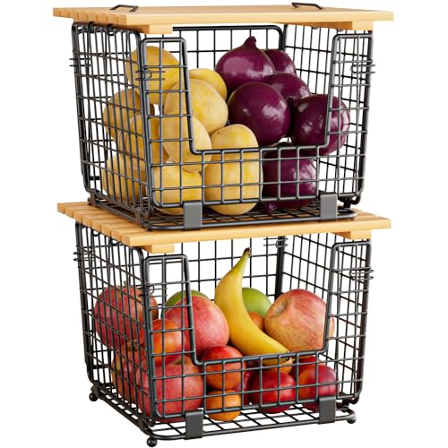Wire Storage Basket for Kitchen Pantry: GGIU Stackable Kitchen Counter Organizers - Wire Organizing Bin for Produce Fruit Vegetable Potato and Onion Black - color: 2pack-black