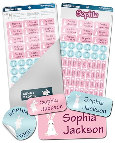 Bunny Badges Personalized Daycare Name Labels for Kids (130 Labels) - Custom Waterproof Name Stickers for Clothing Tags, Water Bottles, Lunch Boxes and School Supplies (Bunny) - color: Bunny