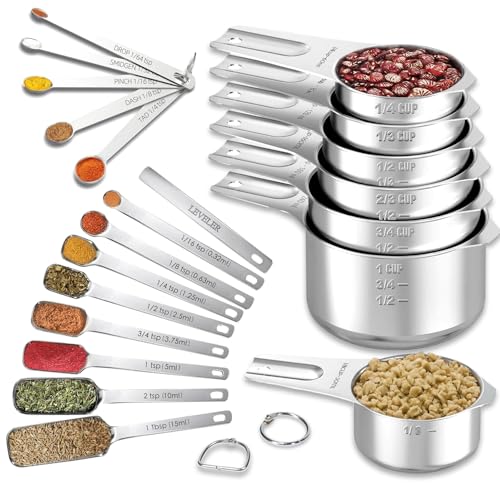 21 Pieces YUNNKEEY Measuring Cups and Spoons Set - Includes 7 Stainless Steel Measuring Cups, 8 Rectangular & 5 Mini Measuring Spoons with Leveler Fits Spice Jars, Ideal for Dry and Liquid Ingredients - size: Set of 21