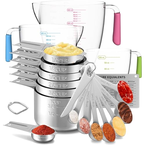 Stainless Steel Measuring Cups and Spoons Set, 6 Stainless Steel Measuring Cups, 7 Measuring Spoons & 1 Leveler, 3 Plastic Measuring Cup with 1 Measuring Conversion Chart - color: Sliver-Round Measuring Spoons and Cups Set