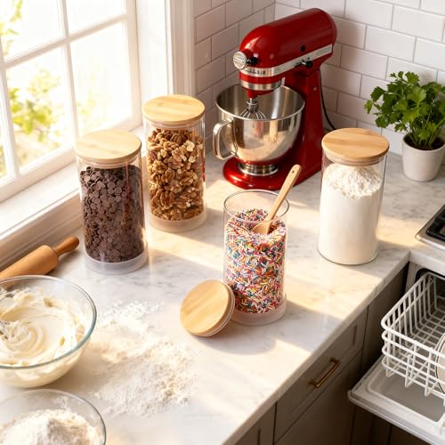 TBWIND 53oz Round Glass Storage Containers with Bamboo Lids – 4 Pack Large Airtight Glass Jars for Pantry Organization, Kitchen Dry Food, Flour, Cereal, Coffee Beans & Staples - color: Round/53oz/4pcs